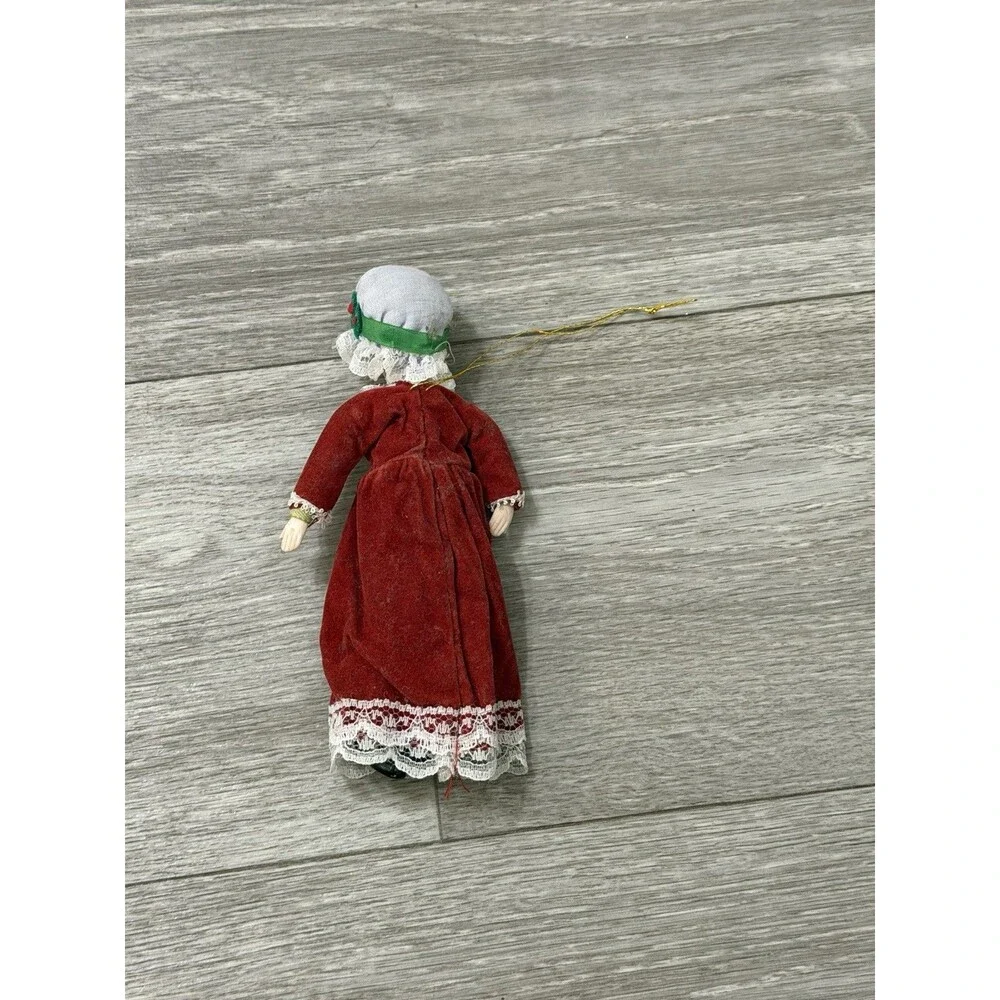 VTG Victorian Style Porcelain Woman Doll Red Velvet Dress/Holly Bonnet Ornament